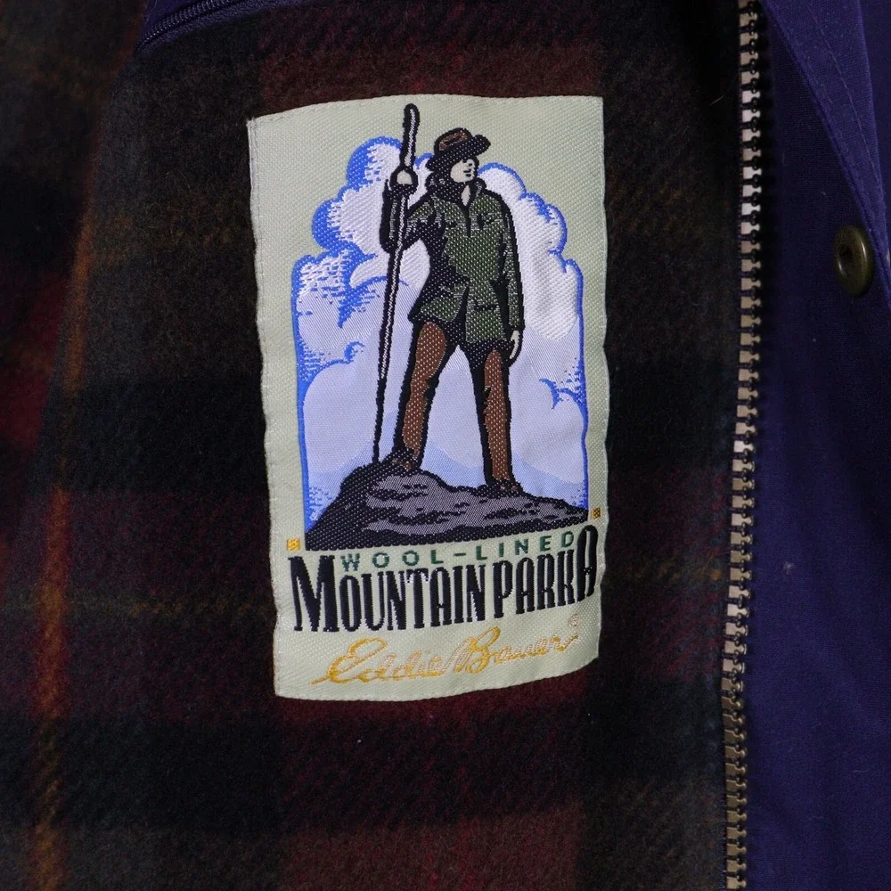 Eddie‎ Bauer Parka Coat Jacket Men Large Plaid Wool Lining Mountain Parka Blue